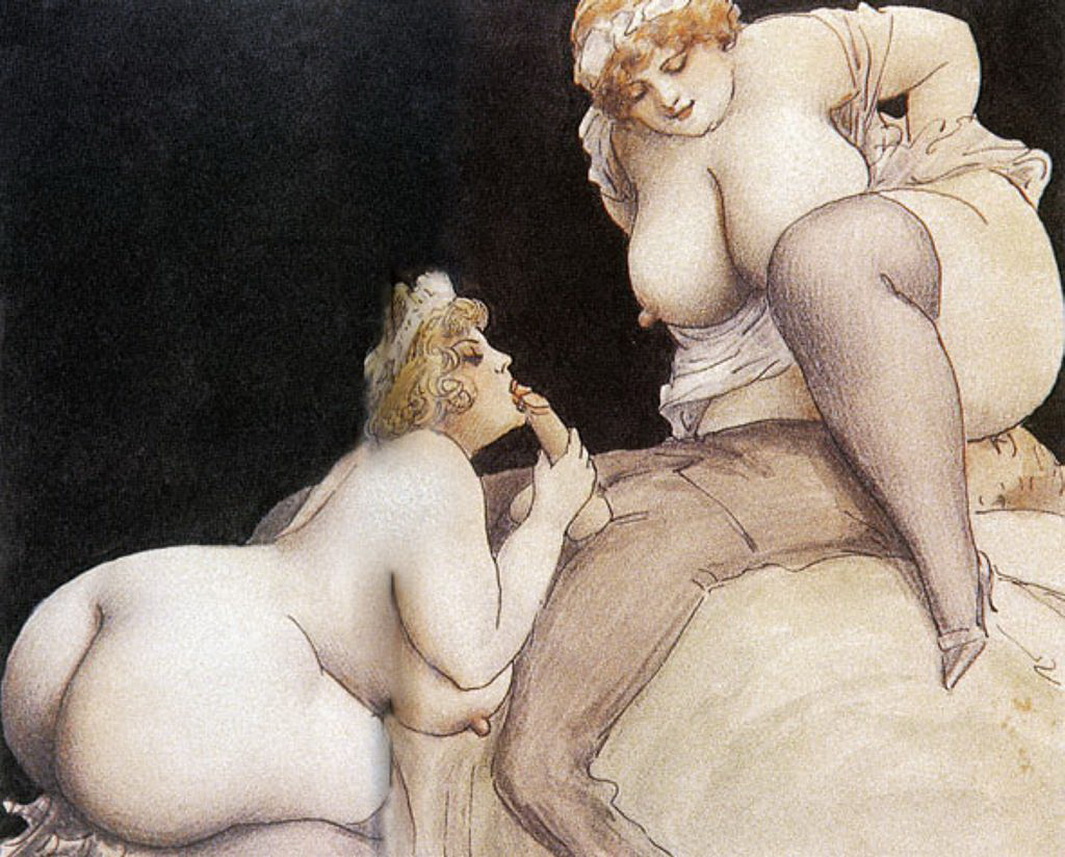 Секс с двумя голыми и очень толстыми тетками, эротическая живопись