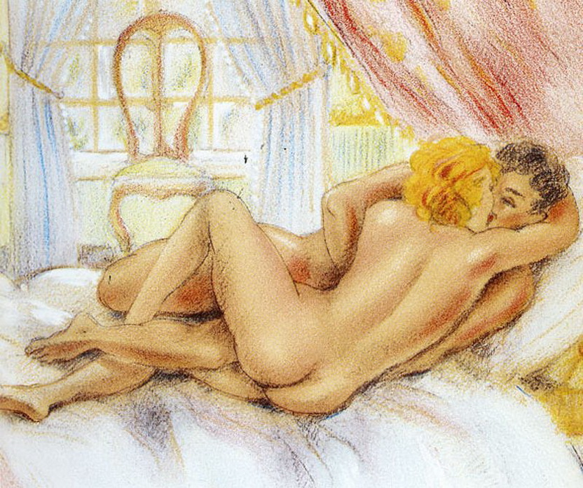 рисунок голой парочки занятой сексом на кровати, эротическая живопись