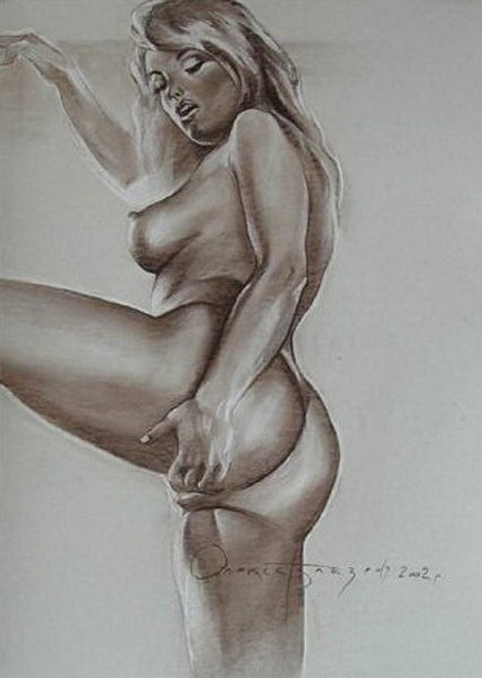 рисунок молодой обнаженной женщины пальцами раздвигающей свои половые губки стоя на одной ноге, эротическая живопись