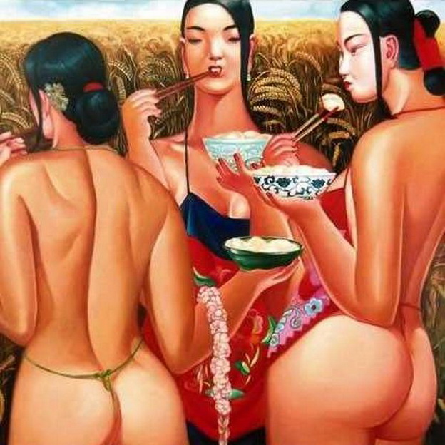 голые китаянки поедают рис на фоне пшеничного поля, эротическая живопись