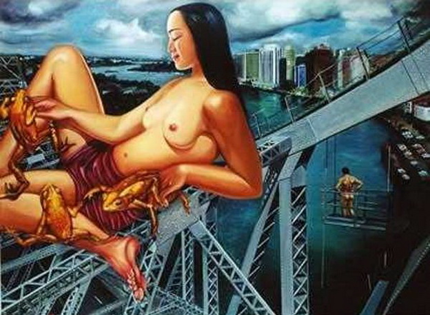 голая китаянка занимается сексом с лягушками на фоне достижений китайского народа, эротическая живопись
