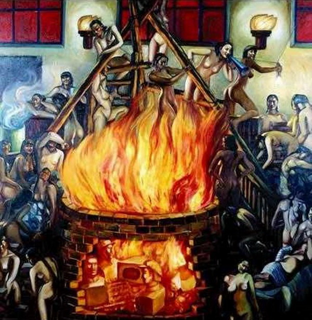 голые китаянки сгорают в огне любви к партии, эротическая живопись