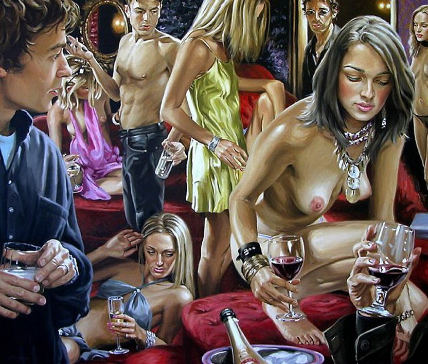 голая студентка сидит на корточках с бокалом вина на студенческой оргии, эротическая живопись