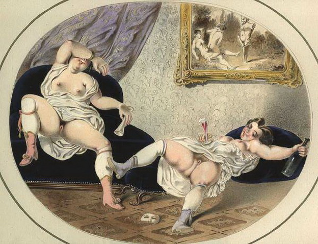 две голых толстых и пьяных лесбиянки, старинная эротическая гравюра