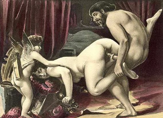 Амур помогает толстой тетке вставить в вульву большой член в позе секса тачка, эротическая гравюра