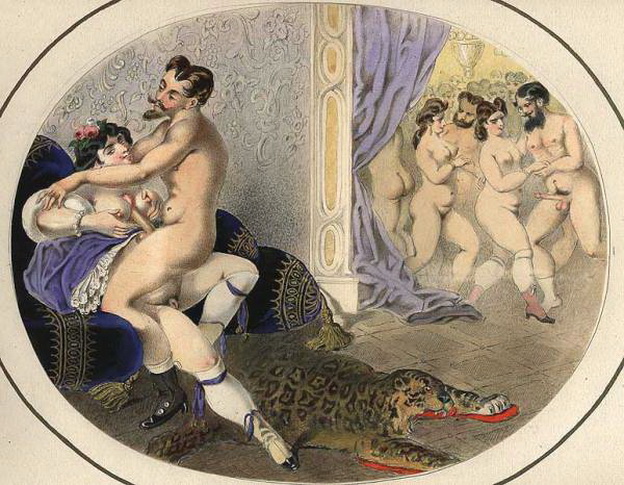 секс между сисек на балу, старинная эротическая гравюра