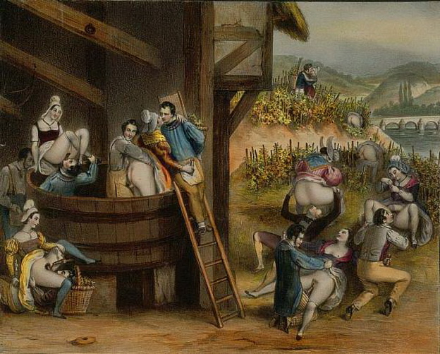 крестьянская оргия во время сбора винограда, старинная эротическая гравюра