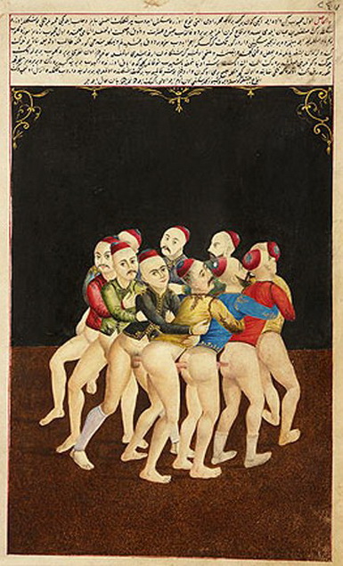 арабский народный мужской танец с членами в задницах партнеров по кругу, старинная эротическая гравюра