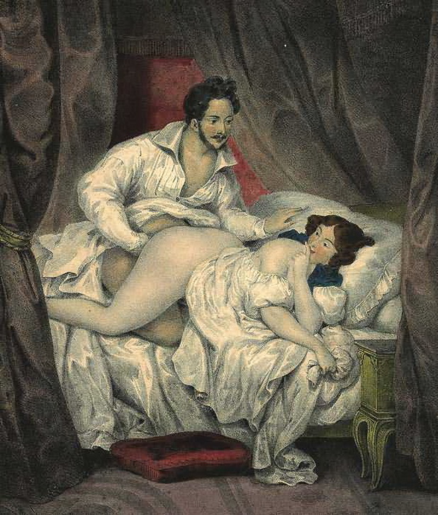 муж вставляет член в толстую задницу своей жене, старинная эротическая гравюра