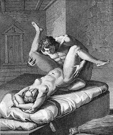 секс на постели с подушкой под задницей партнерши, старинная эротическая гравюра