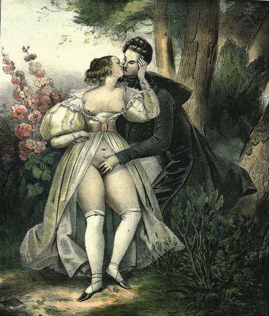 секс молодых дворян в парке, старинная эротическая гравюра