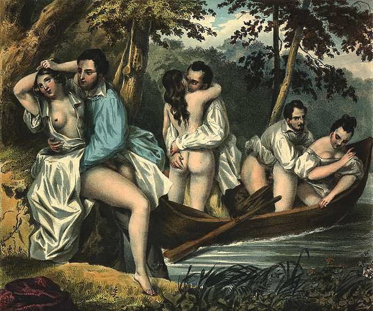 групповой секс во время лодочной прогулки, старинная эротическая гравюра