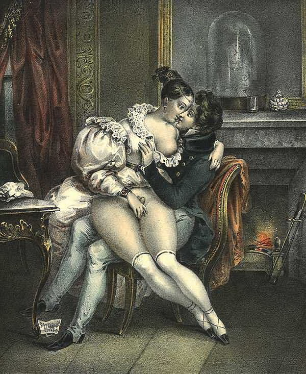 толстая дворяночка сидит на коленях у любовника зажав его длинный член между своих бедер, эротическая гравюра