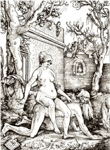 голая толстая соседка играет с мужем в лошадку в саду, старинная эротическая гравюра