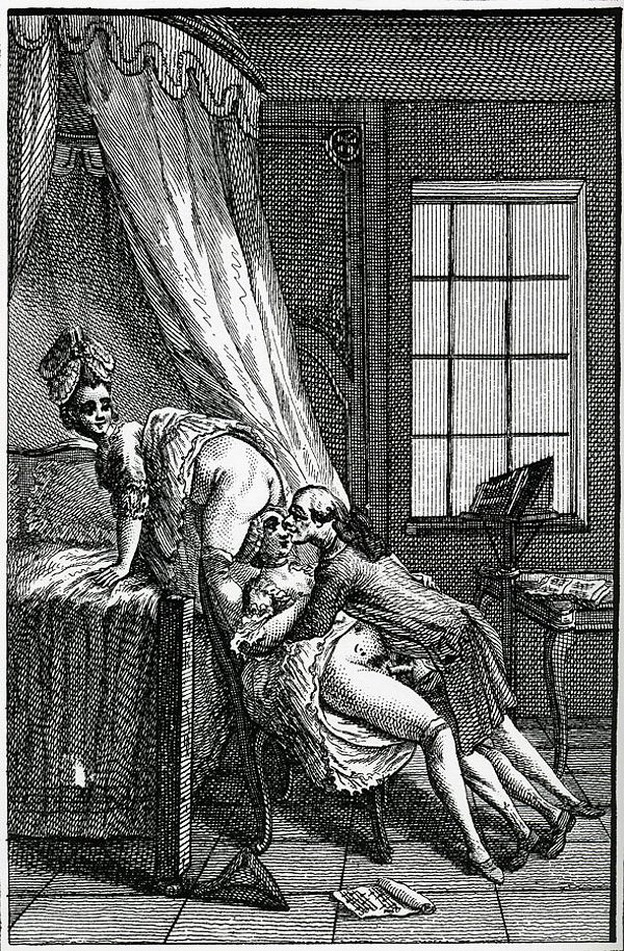 гравюра, мужчина в сексе с двумя женщинами в широких юбках. эротическая живопись и графика