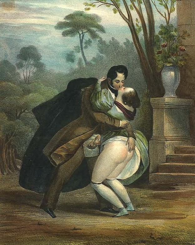 дворянское свидание в парке с задранной юбкой и поднятым членом, старинная эротическая гравюра