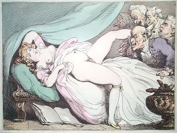 толстая императрица показывает придворным свои прелести широко раздвинув ножки, старинная эротическая гравюра