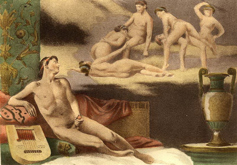 голый парень онанирует вспоминая божественную оргию, старинная эротическая гравюра