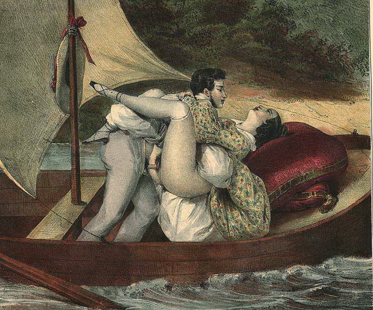 секс в лодке во время речной прогулки, старинная эротическая гравюра