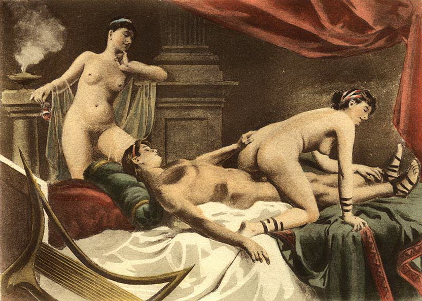 две сестры ублажают в сексе молодого мужчину, старинная эротическая гравюра