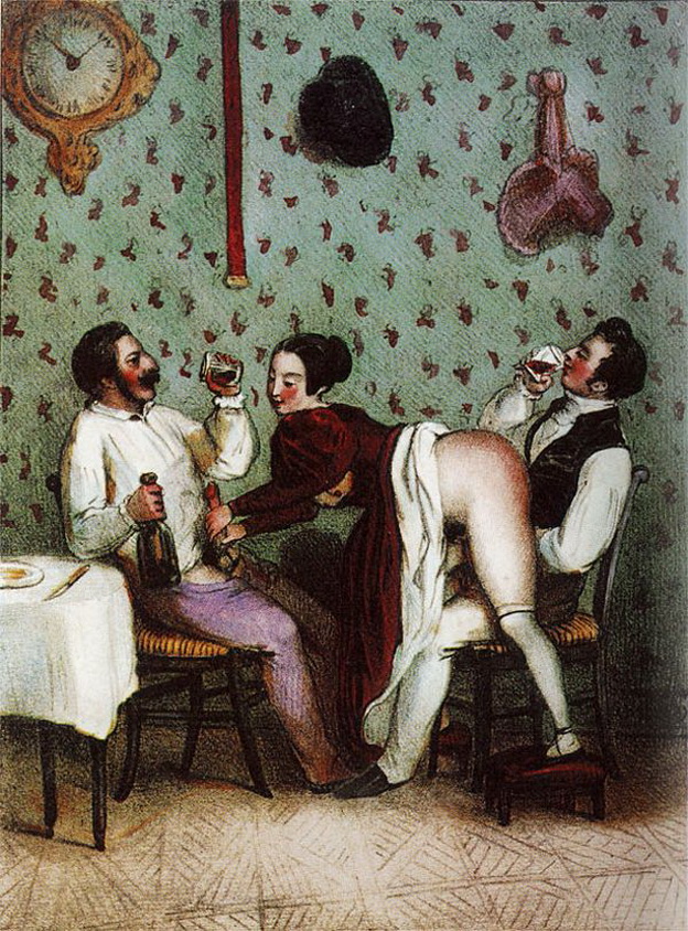 жена трактирщика ублажает сразу двух господ одновременно подливая им вина. эротическая живопись и графика