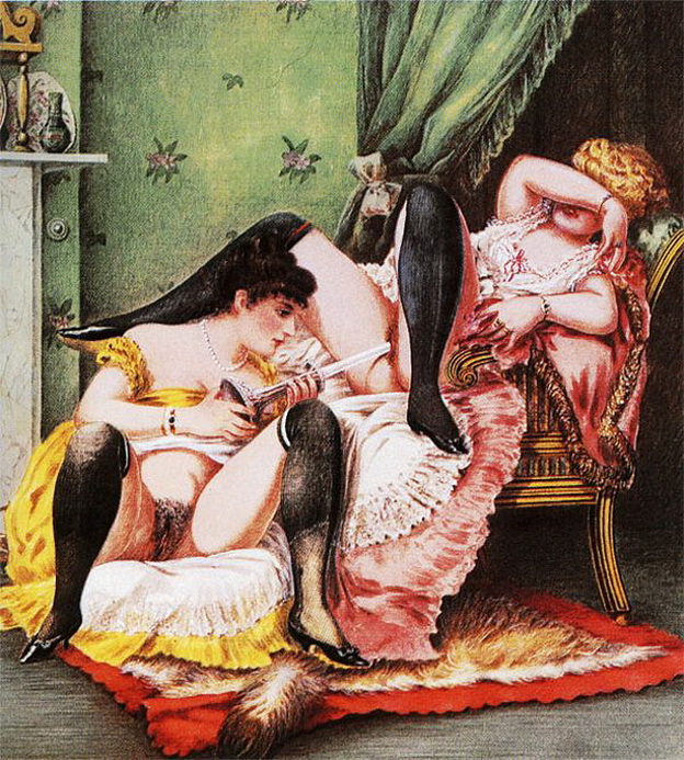 лесбиянка засовывает своей подруге свечку во влагалище. эротическая живопись и графика