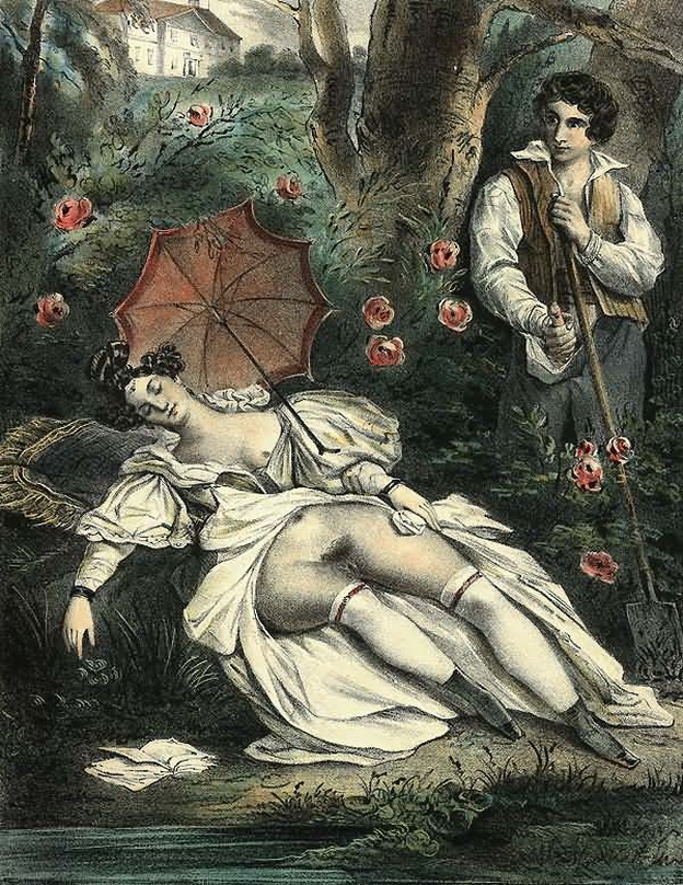 Садовник мастурбирует глядя на обнаженную спящую госпожу, старинная эротическая гравюра