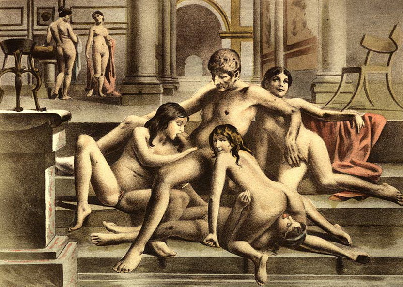 оргия мужчины с шестью голыми девушками, старинная эротическая гравюра