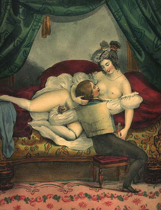 любовник пальцами мастурбирует клитор голой аристократки, старинная эротическая гравюра