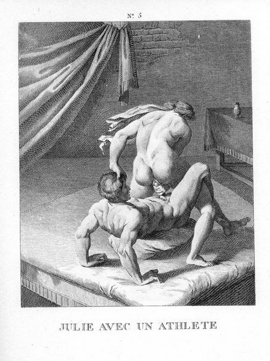женщина вставляет мужской член в свое влагалище в позе сидя задом, старинная эротическая гравюра