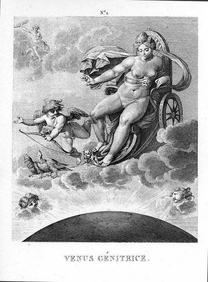 голая богиня на своей колеснице в облаках, старинная эротическая гравюра