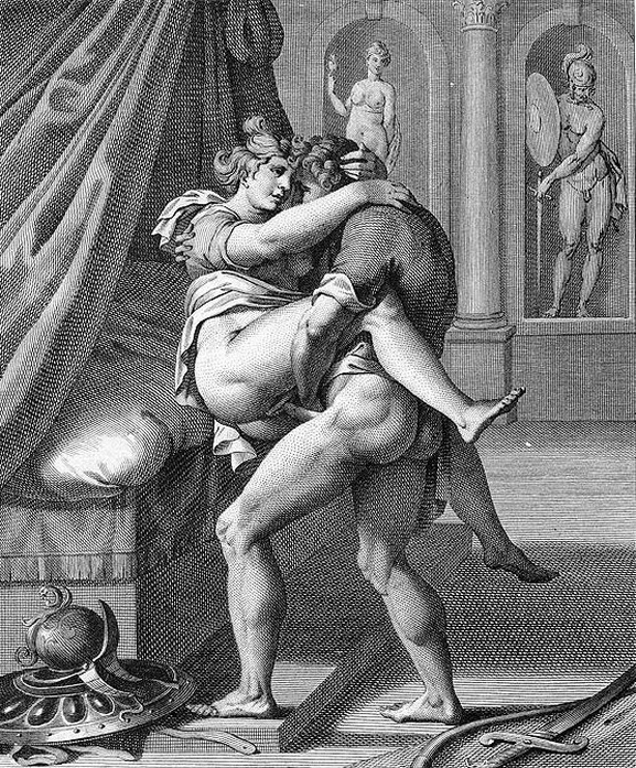 мужчина несет женщину на кровать насадив ее влагалищем на свой член, старинная эротическая гравюра