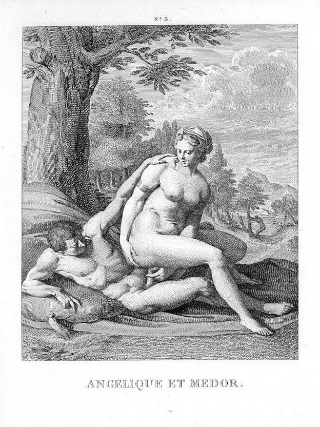 Голая Анжелика насаживается на пенис в позе секса обратная наездница, старинная эротическая гравюра