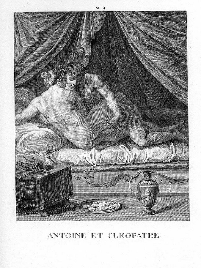 Секс Клеопатры которой вставляют огромный член в позе на боку, старинная эротическая гравюра