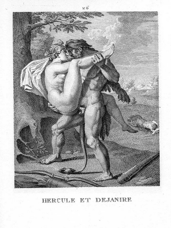 Геркулес насаживает женщину на свой член держа ее на весу, старинная эротическая гравюра