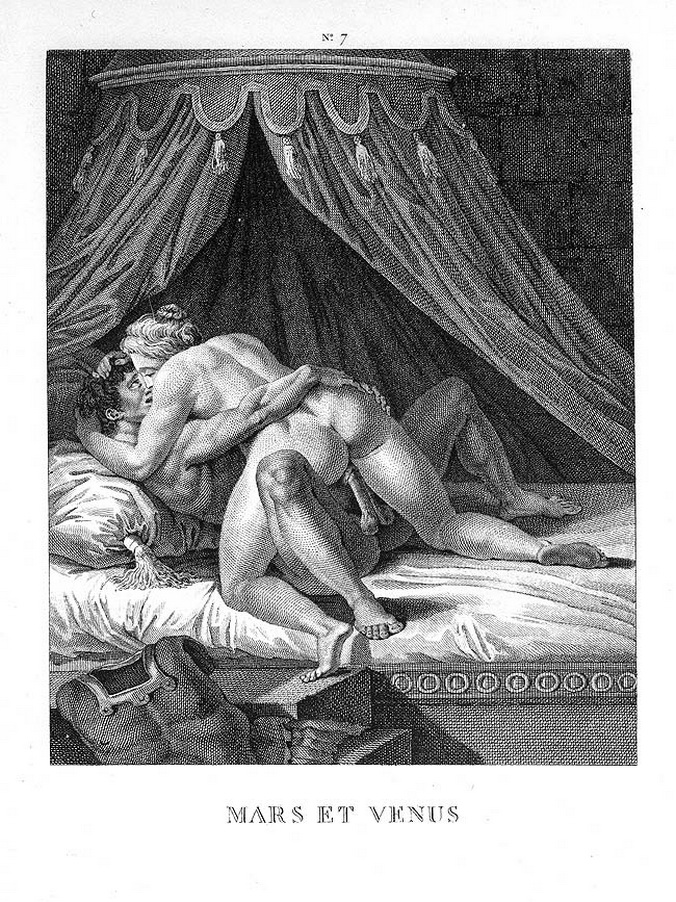 Толстая Венера насаживается на большой член Марса в позе наездницы, старинная эротическая гравюра