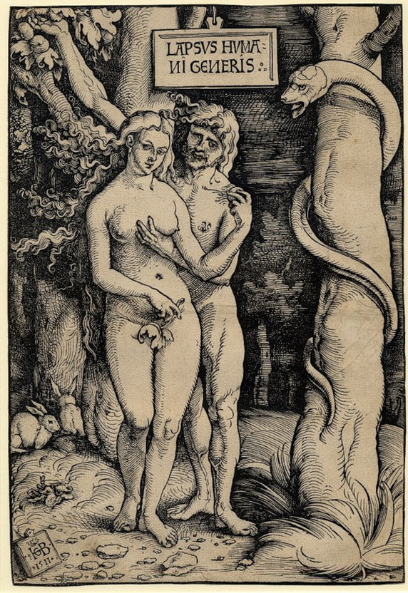 Адам тискающий Еву за сиськи и подстрекающий их Змей, старинная эротическая гравюра