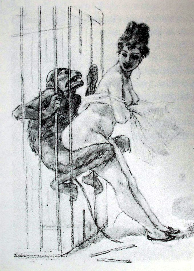 секс женщины с обезьяной через прутья клетки, старинная эротическая гравюра