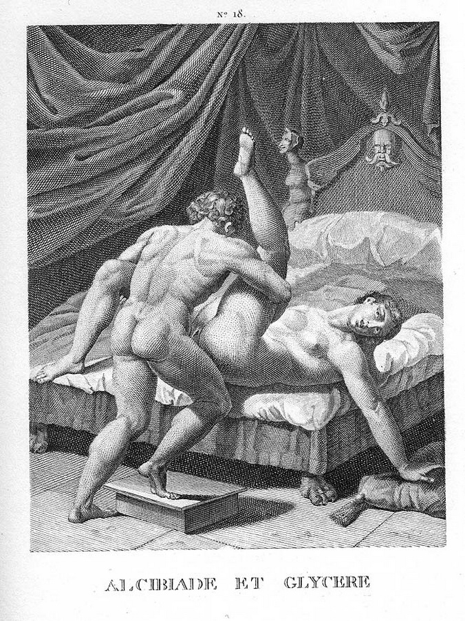 Секс на кровати с подставочкой, старинная эротическая гравюра