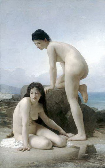 две голых девушки на пляже, ню, живопись