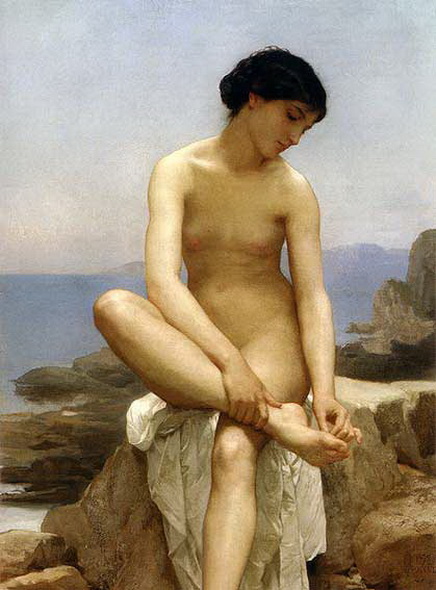 обнаженная девушка на берегу очищает ногу, ню, живопись