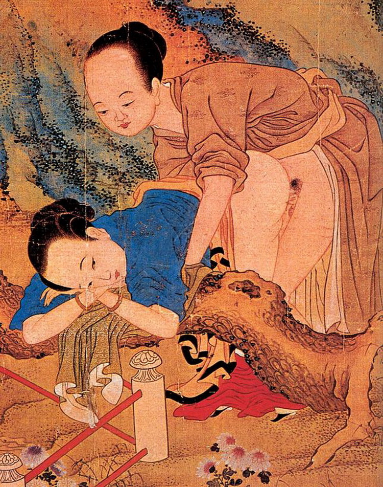японское исполнение собачьей позы секса. картинка художественной эротики, ню, живопись
