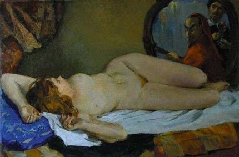 мужчины в зеркало подглядывают за голой женщиной лежащей на кровати. эротическая живопись и графика, ню, живопись