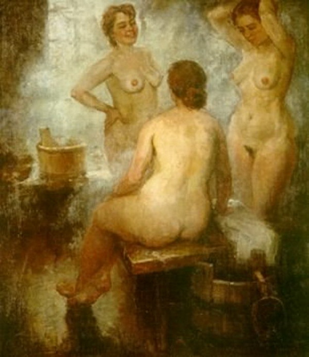 три голых толстых грации в русской бане. эротическая живопись и графика, ню, живопись