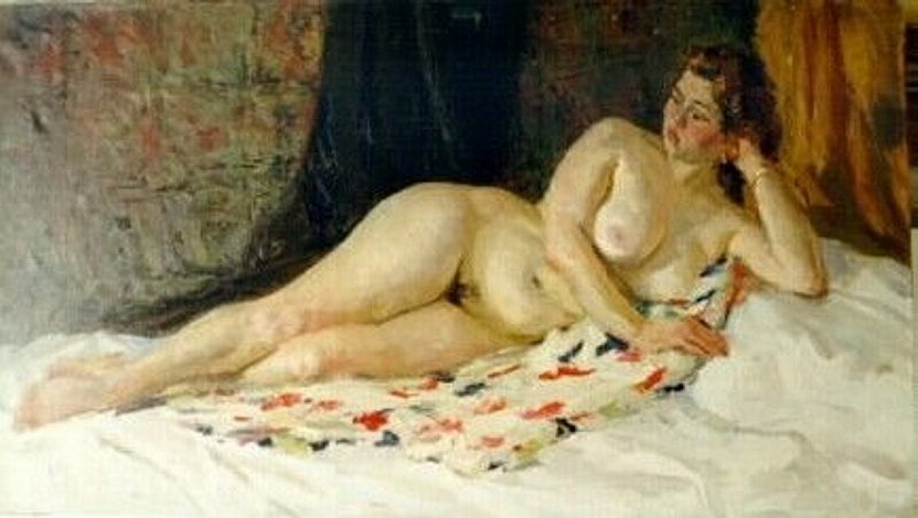 пышная зрелая тетка лежащая на кровати в голом виде с задумчивой позой. эротическая живопись и графика, ню, живопись