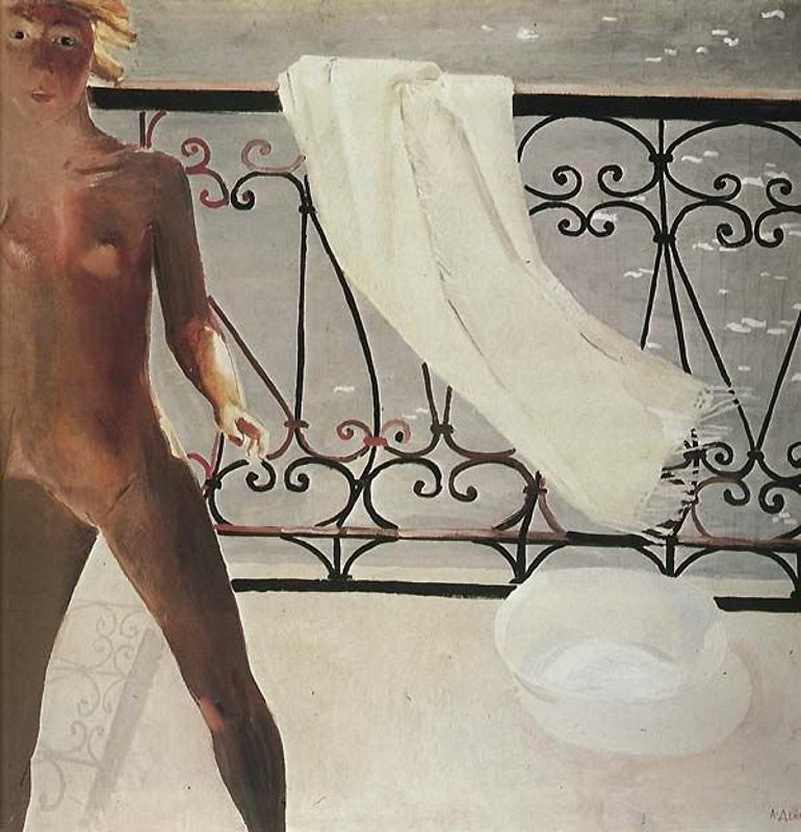 молоденькая девушка голышом на балконе. эротическая живопись и графика, ню, живопись
