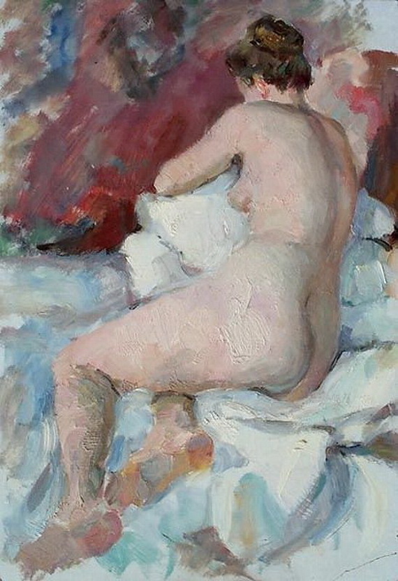 женщина с толстой попой на кровати в голом виде. эротическая живопись и графика, ню, живопись