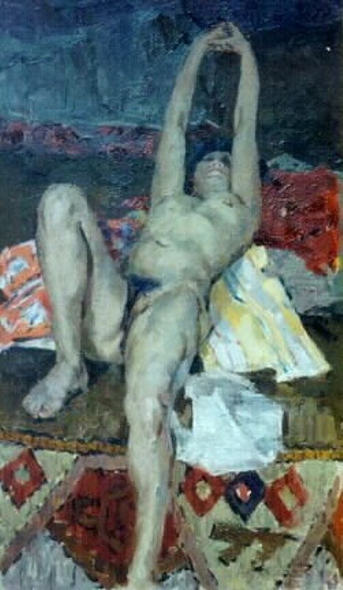 женщина с волосатым лобком тянется лежа на восточном ковре. эротическая живопись и графика, ню, живопись