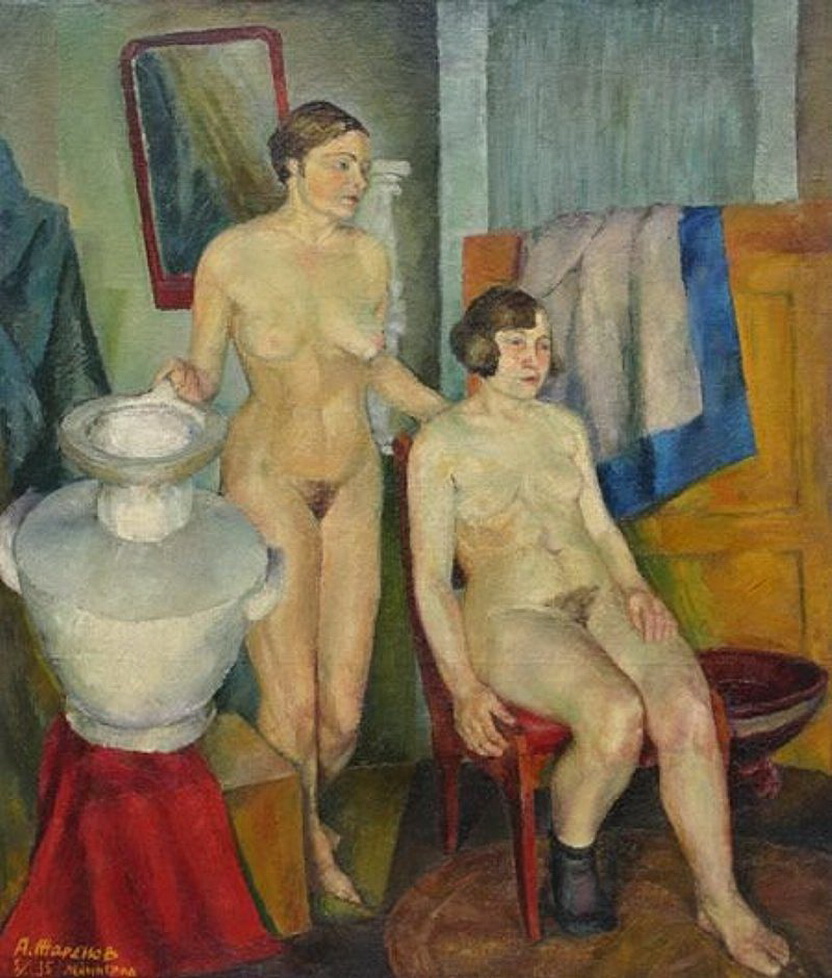 две голых зрелых тетки в мастерской художника. эротическая живопись и графика, ню, живопись