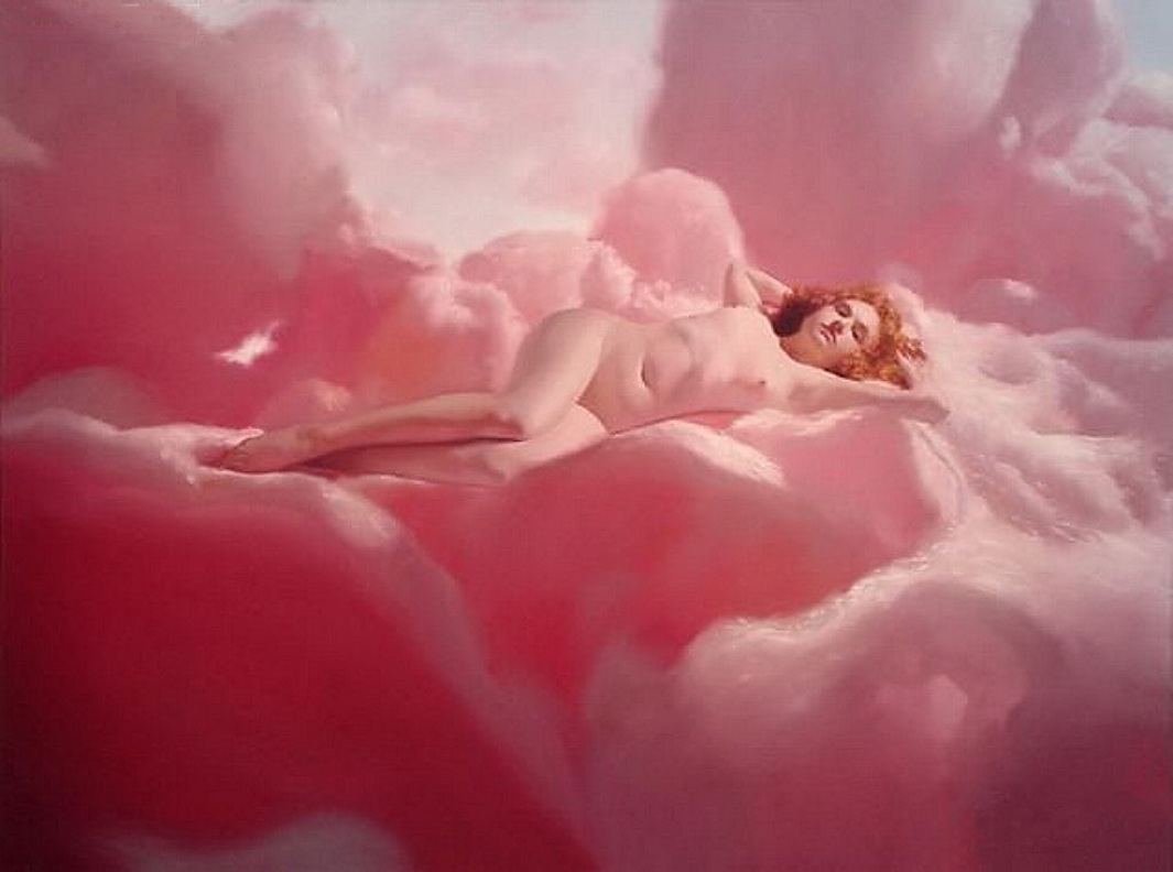 девушка с плоской грудью лежит на облаках в виде ангела. эротическая живопись и графика, ню, живопись